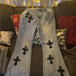 SHEIN Light Blue Jeans with Black Cross Details